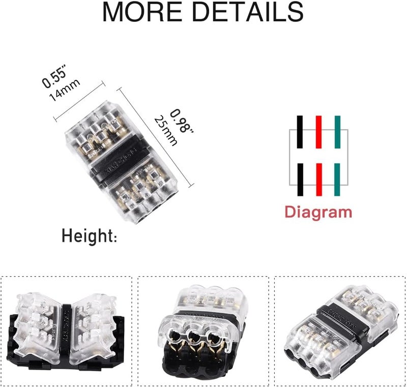 Brightfour 24 Pack Wire Splice Connectors, 2 Way 3 Pin Solderless Automotive Connectors, Fits 20-24 AWG - Image 3
